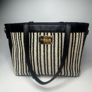 bebe Black & White Woven Tote Bag Faux Leather Handles 13x9